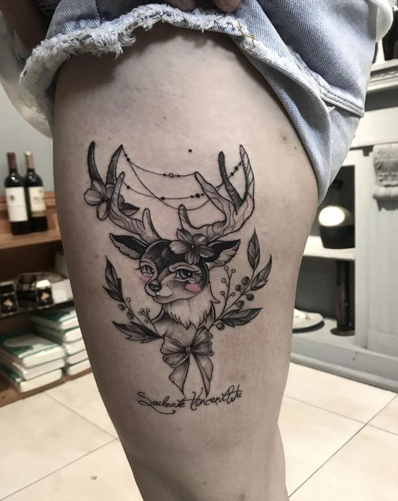 鹿纹身图片_腿部纹身图案