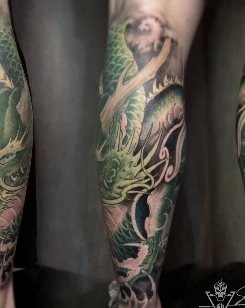 龙包小腿纹身图片_新传统纹身图案
