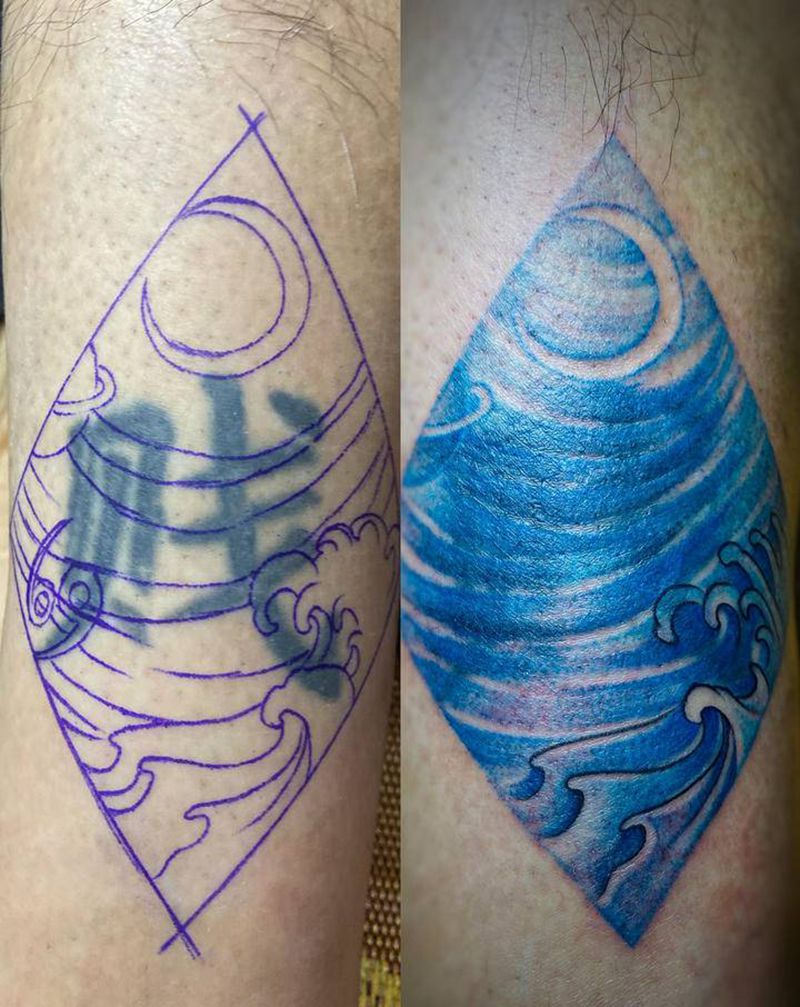 遮盖纹身图片_脚部手臂几何水彩海浪几何星球纹身图案