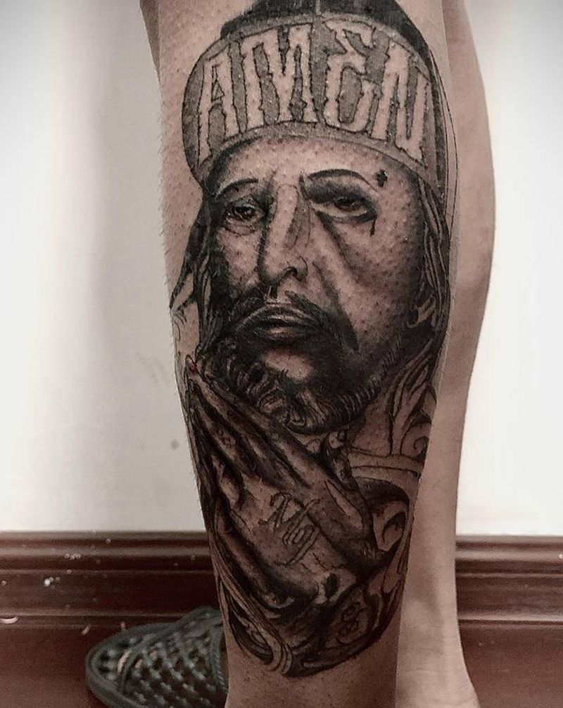 耶稣纹身图片_腿部New School纹身图案