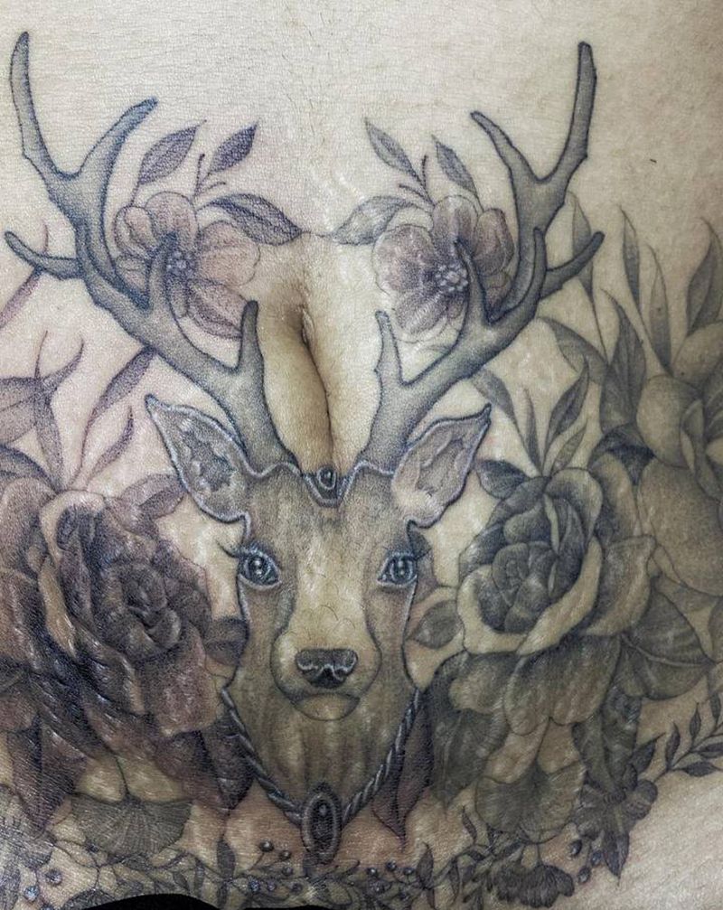 遮盖妊娠纹纹身图片_腹部New School遮盖鹿素花纹身图案