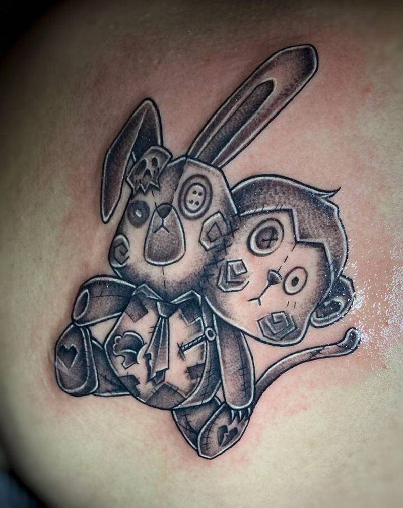暗黑拼接纹身图片_手臂肩部点刺New School兔子猴子暗黑纹身图案