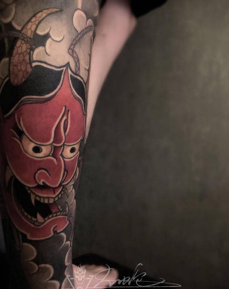 老传统彩色般若纹身图片_腿部老传统纹身图案