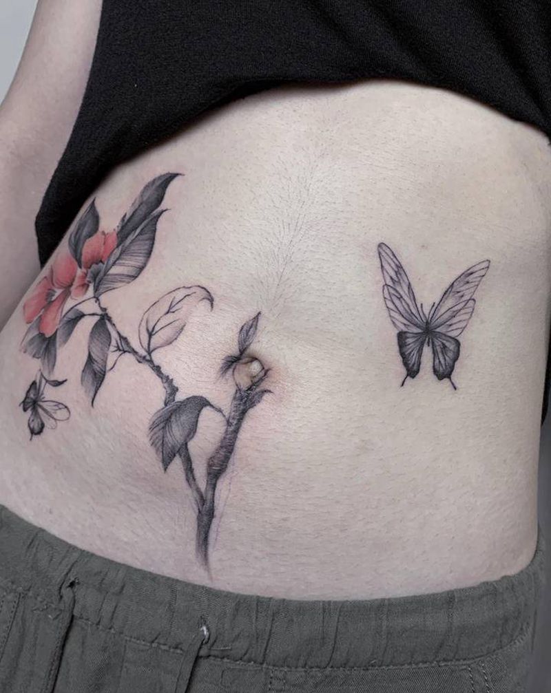 花  遮盖疤痕纹身图片_腹部纹身图案