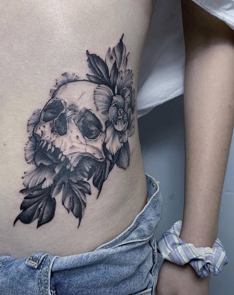 骷髅纹身图片_腹部纹身图案