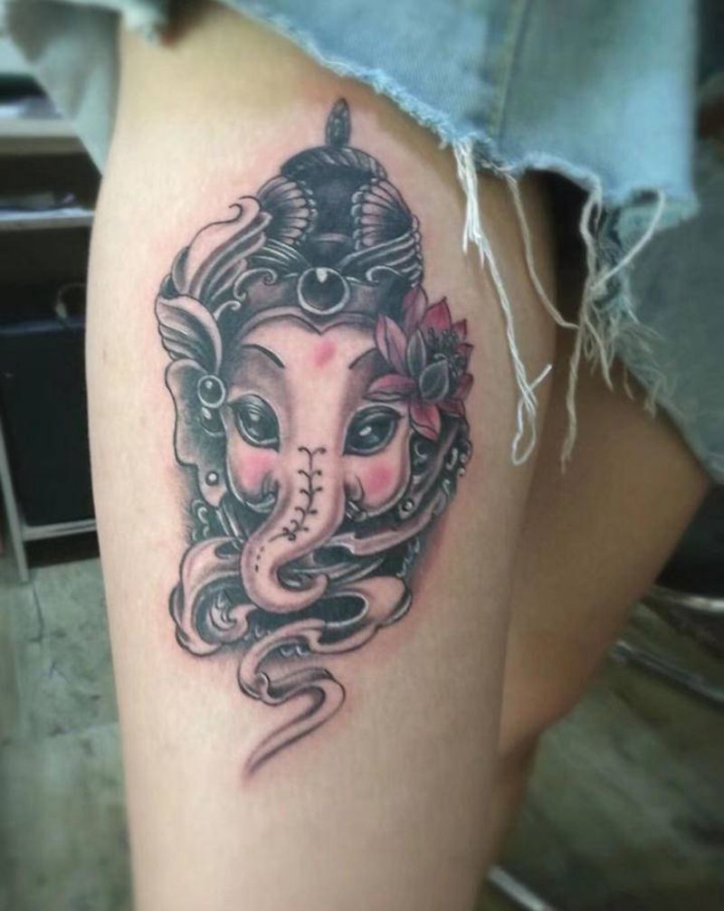 小象神纹身图片_腿部纹身图案