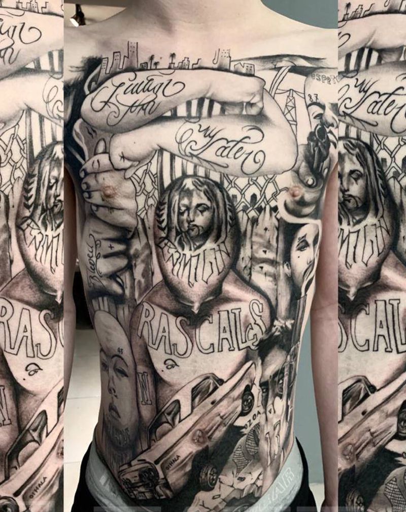西海岸风格纹身图片_胸部腹部纹身图案
