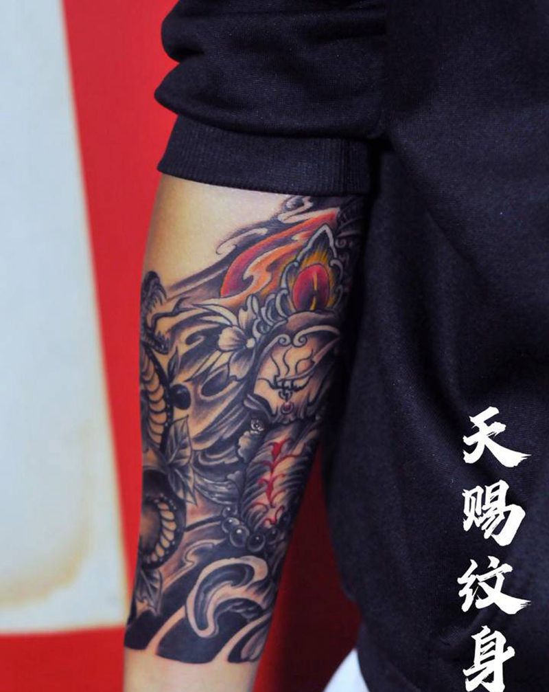 象神纹身图片_手臂新传统纹身图案