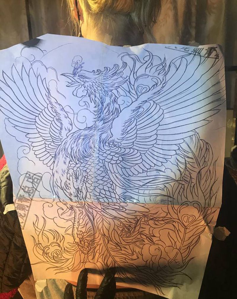 满背凤凰线条纹身图片_背部纹身图案