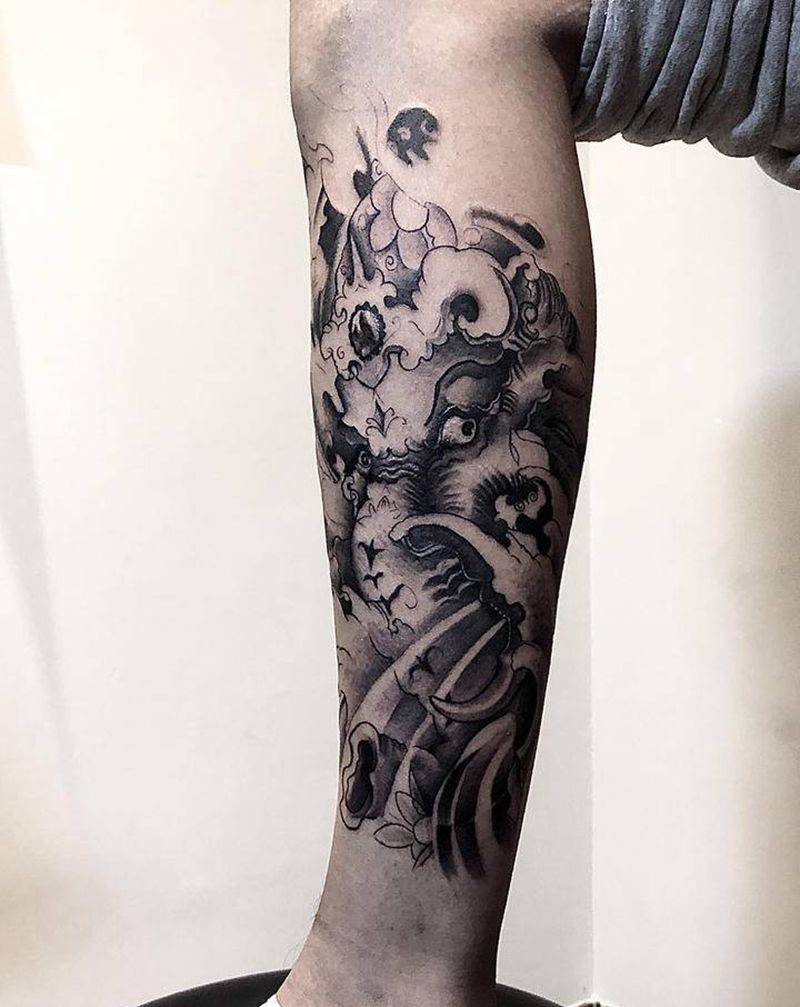 象神纹身图片_腿部新传统象神纹身图案