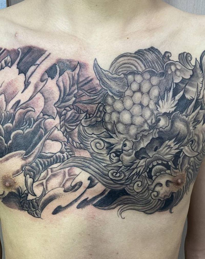 唐狮纹身图片_胸部新传统纹身图案