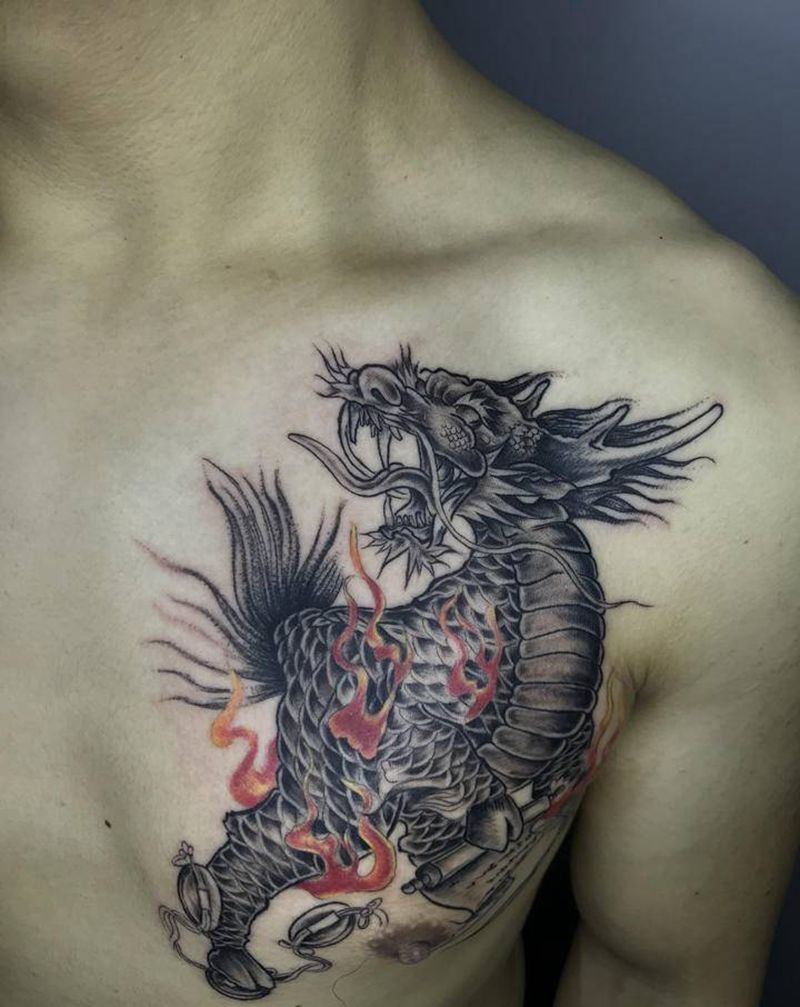 麒麟纹身图片_胸部老传统纹身图案