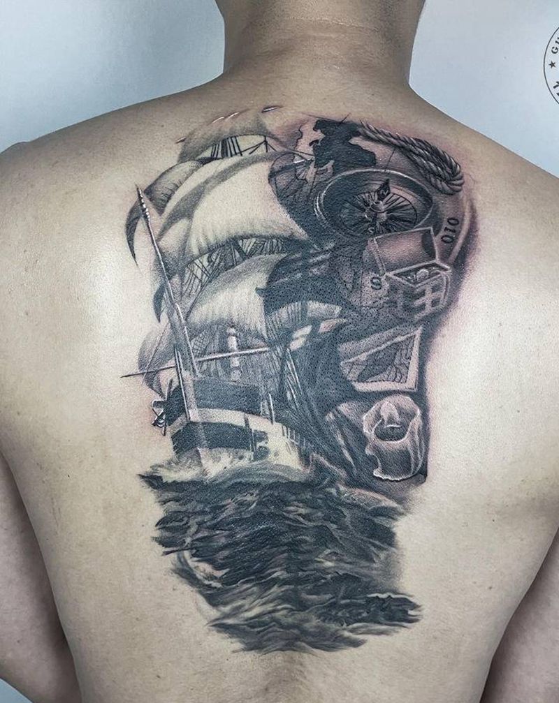 帆船 遮盖纹身图片_背部纹身图案