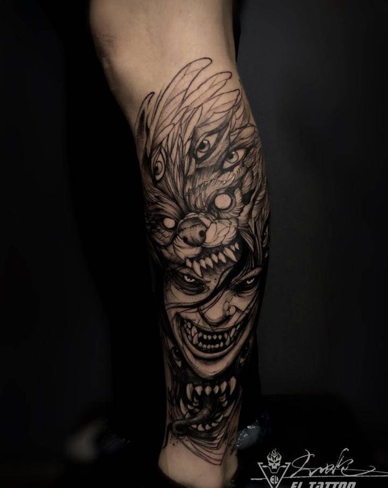 暗黑风纹身图片_腿部纹身图案