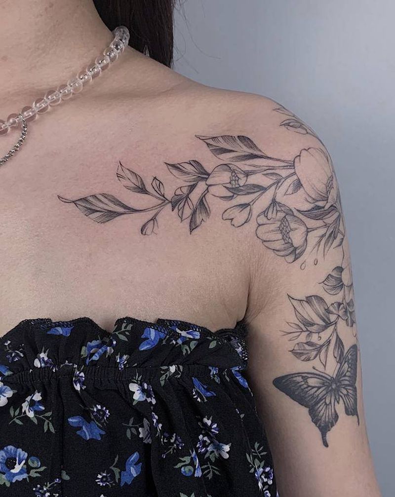 素花纹身图片_肩部纹身图案