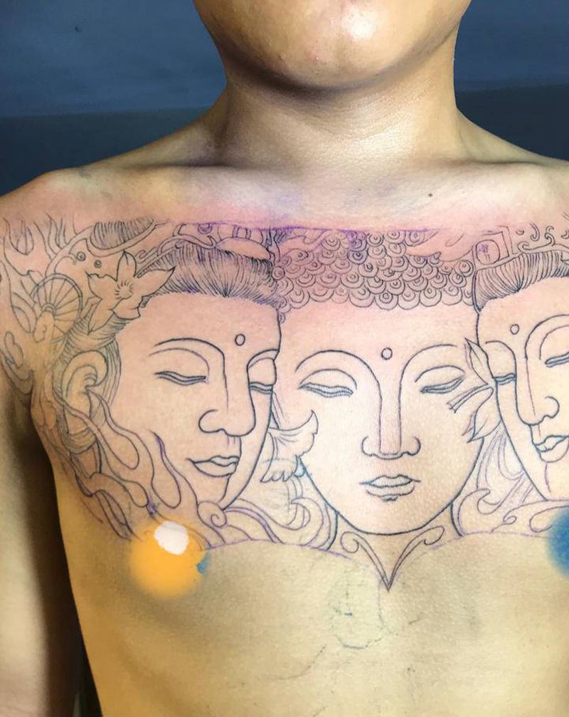 花胸线条纹身图片_胸部纹身图案