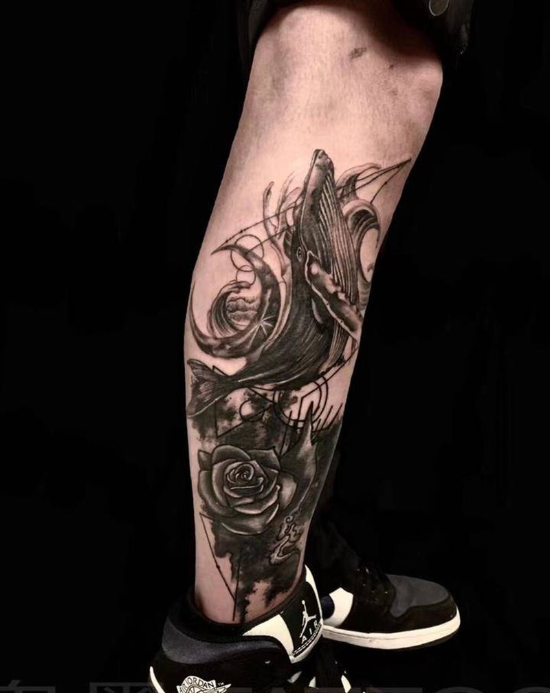 修改旧纹身   玫瑰 鲸鱼纹身图片_腿部纹身图案