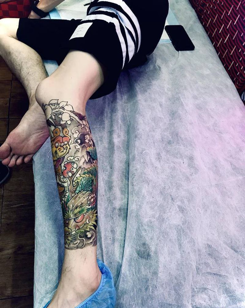 包小腿完成度80％下次继续纹身图片_腿部纹身图案