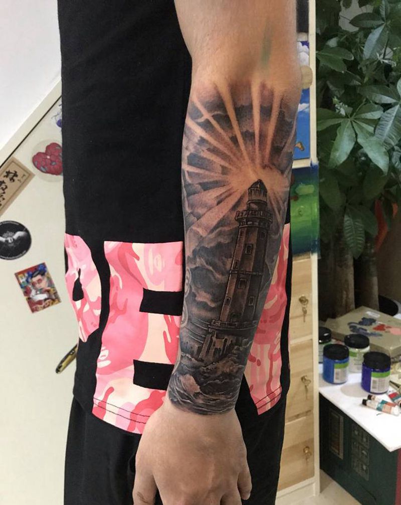 灯塔纹身图片_手臂欧美写实纹身图案