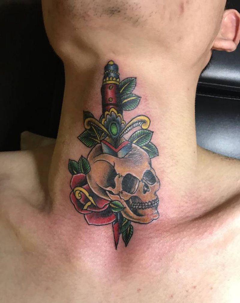 脖子骷髅纹身图片_颈部Old School纹身图案