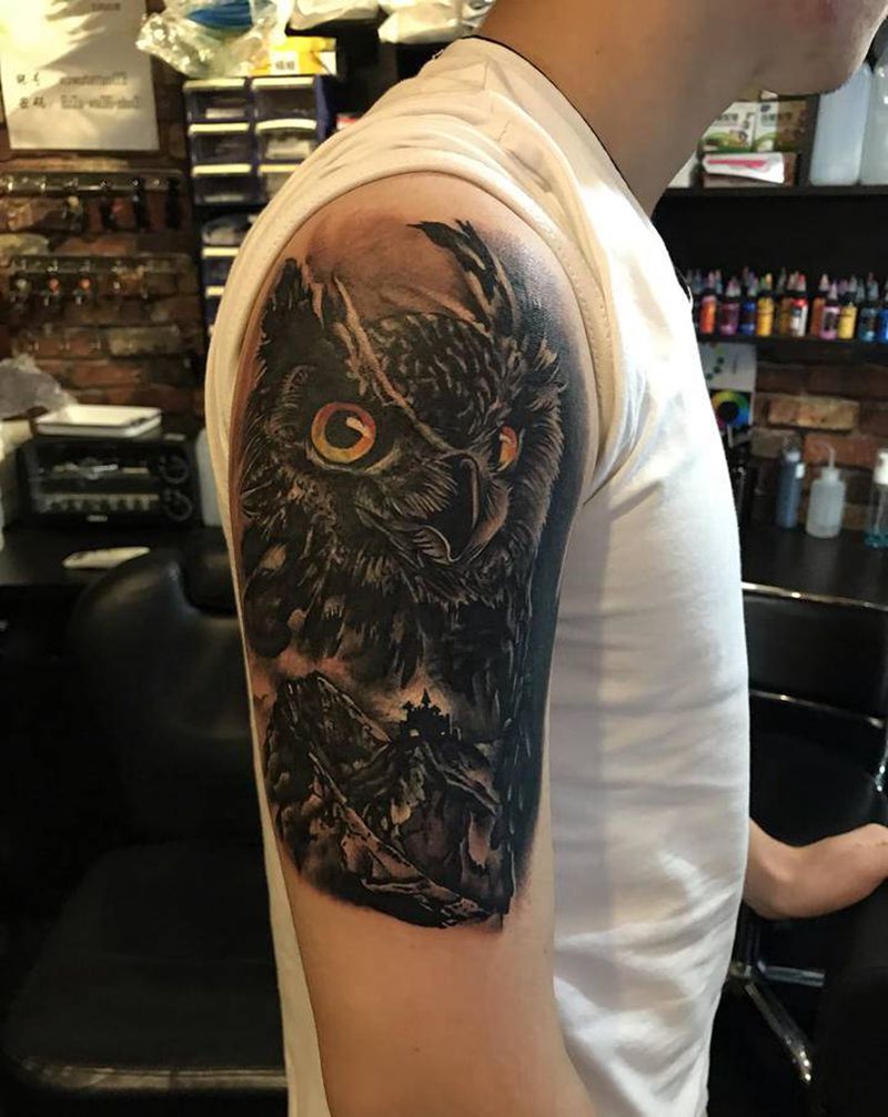 猫头鹰纹身图片_手臂欧美写实纹身图案