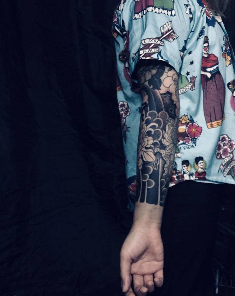 日式老传统花臂未完纹身图片_手臂纹身图案