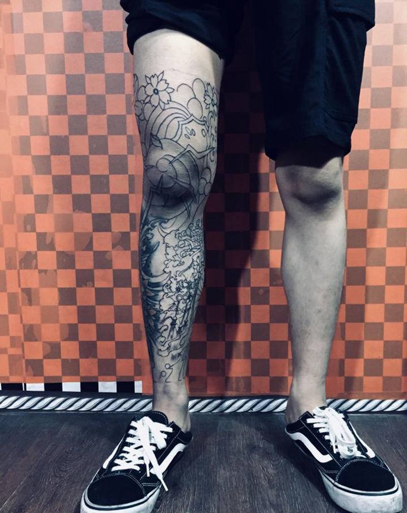 腿线条纹身图片_腿部纹身图案