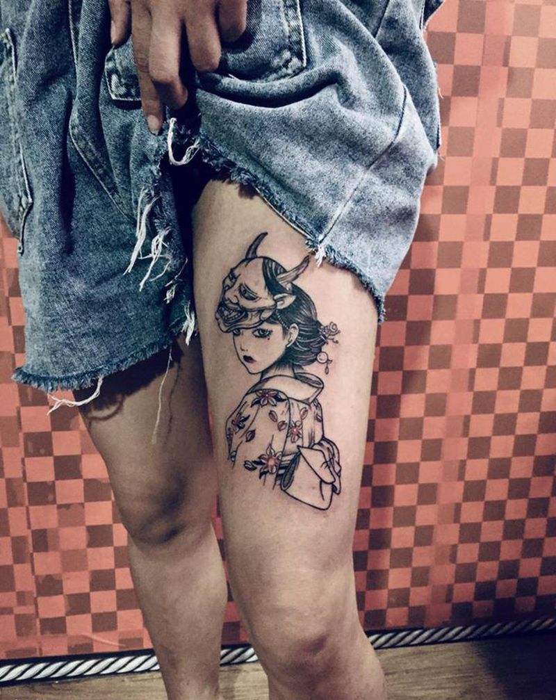 艺妓纹身图片_腿部纹身图案