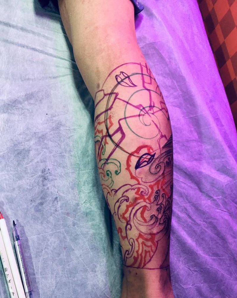 包小腿线条纹身图片_腿部纹身图案