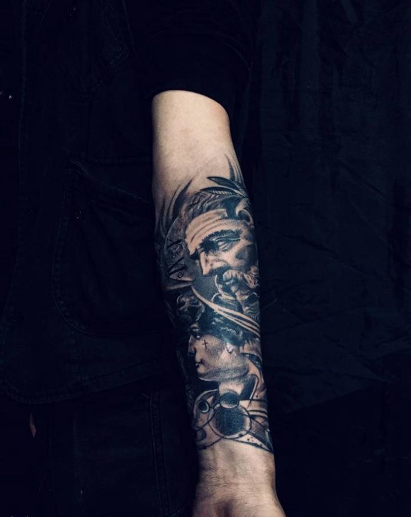 波塞冬包小臂遮盖疤痕纹身图片_手臂纹身图案
