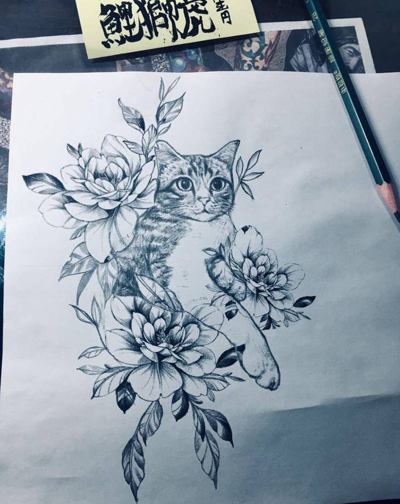 猫手稿设计纹身图片_手臂纹身图案