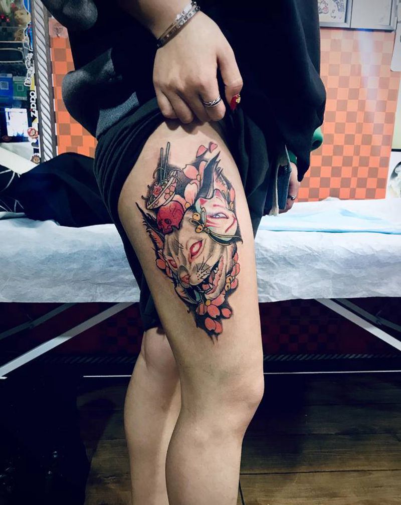 粉色猫完成度90%纹身图片_腿部纹身图案