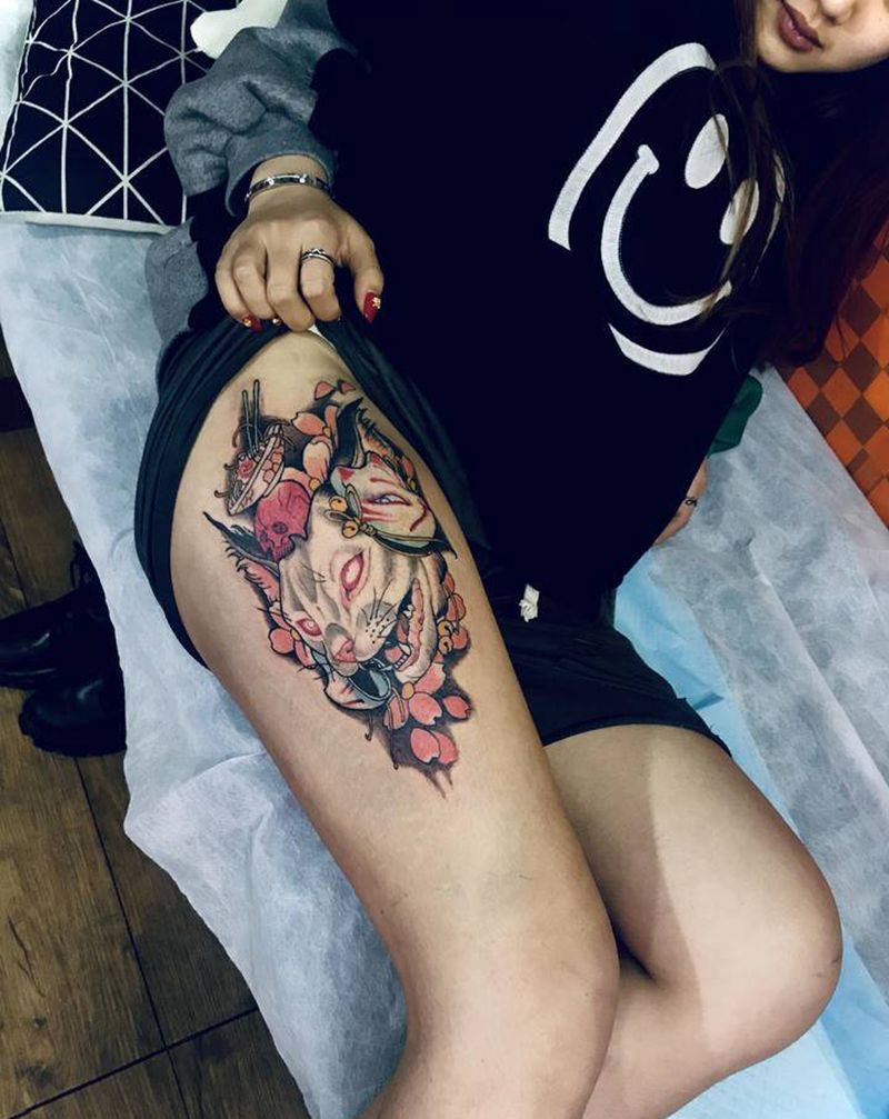 粉色猫下次继续纹身图片_腿部纹身图案