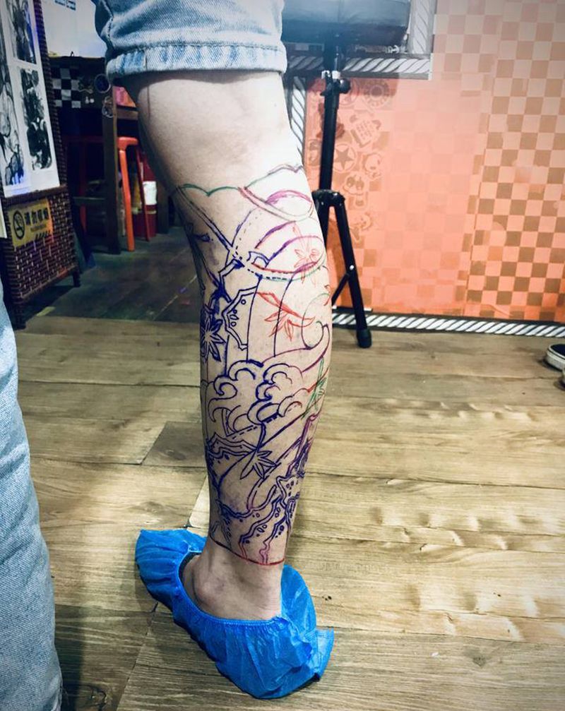 包小腿打版纹身图片_腿部纹身图案
