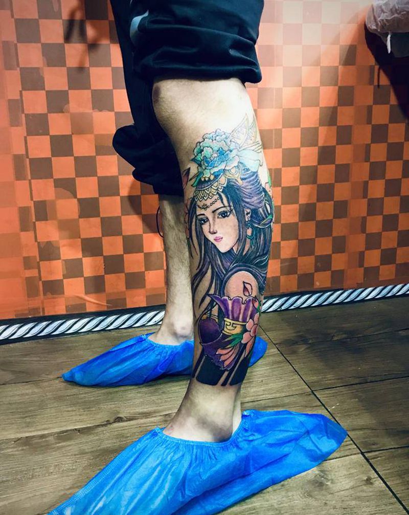 艺妓纹身图片_腿部纹身图案