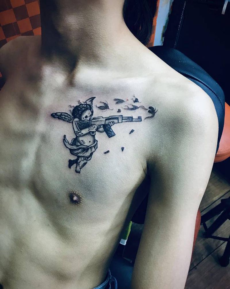 骷髅天使纹身图片_胸部纹身图案