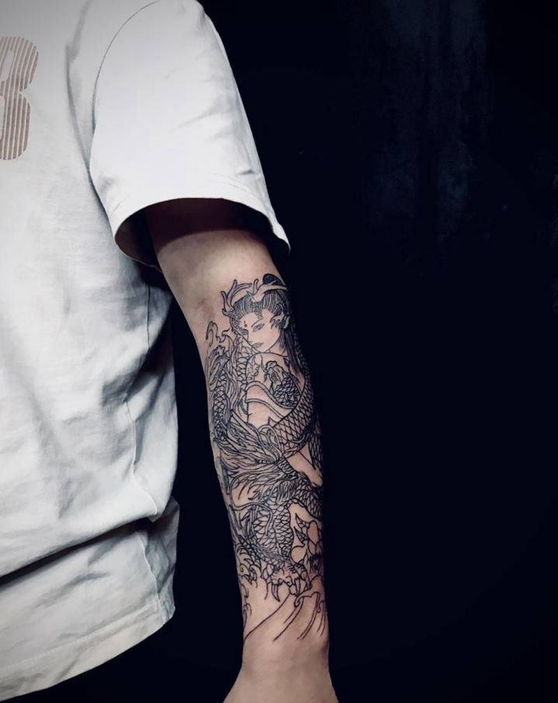 龙女线条纹身图片_手臂纹身图案