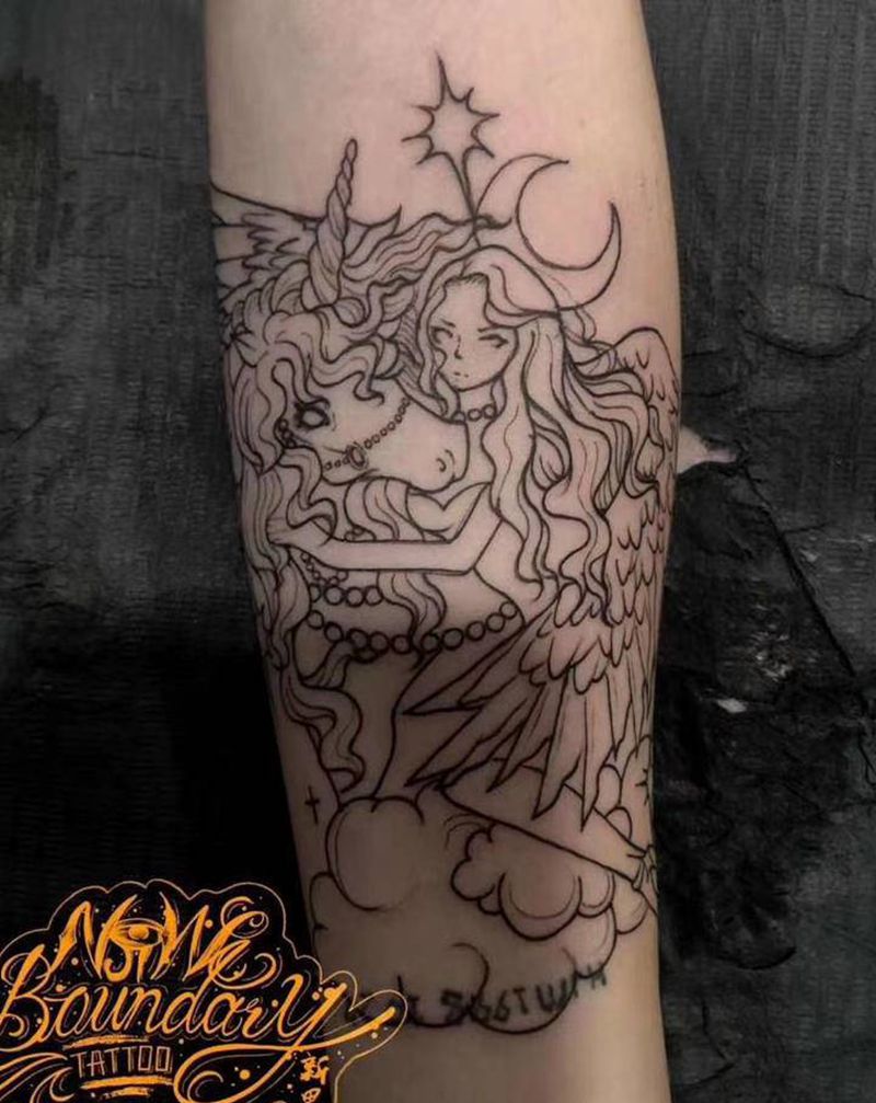 独角兽线条纹身图片_手臂New School纹身图案