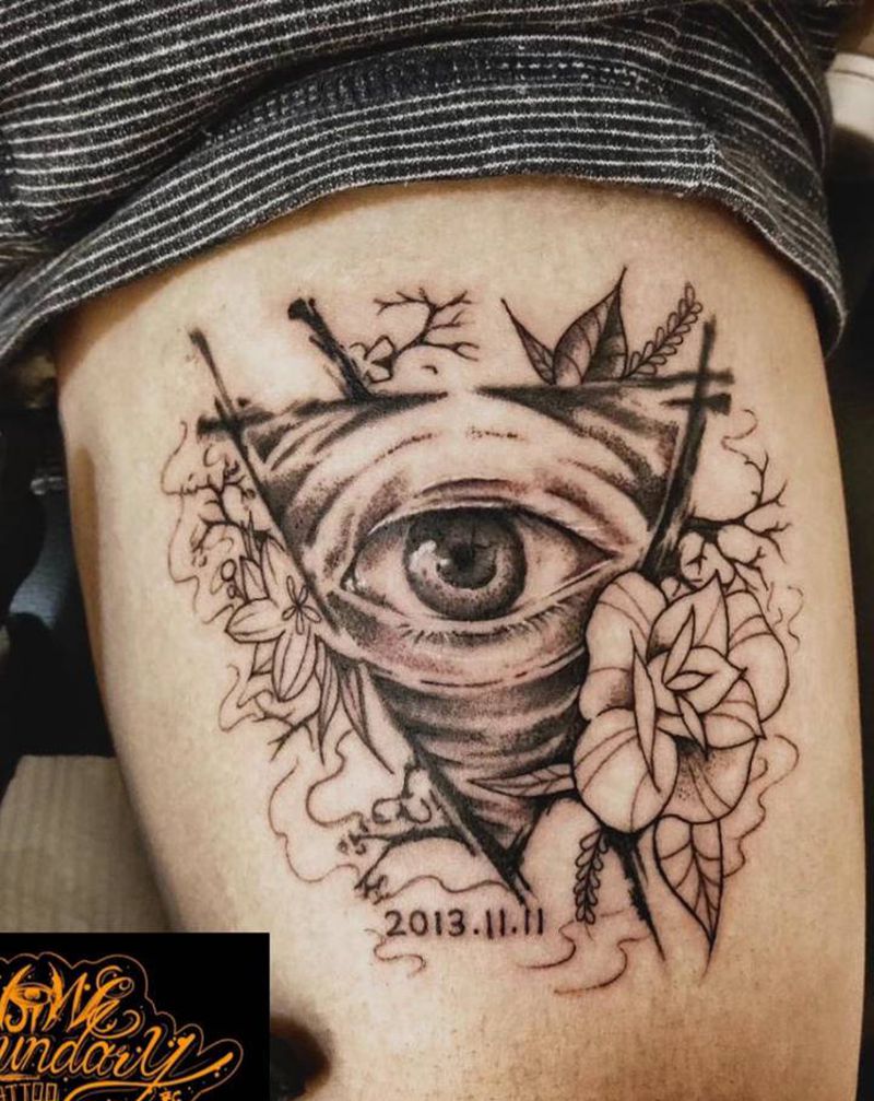 权势之眼纹身图片_腿部New School纹身图案