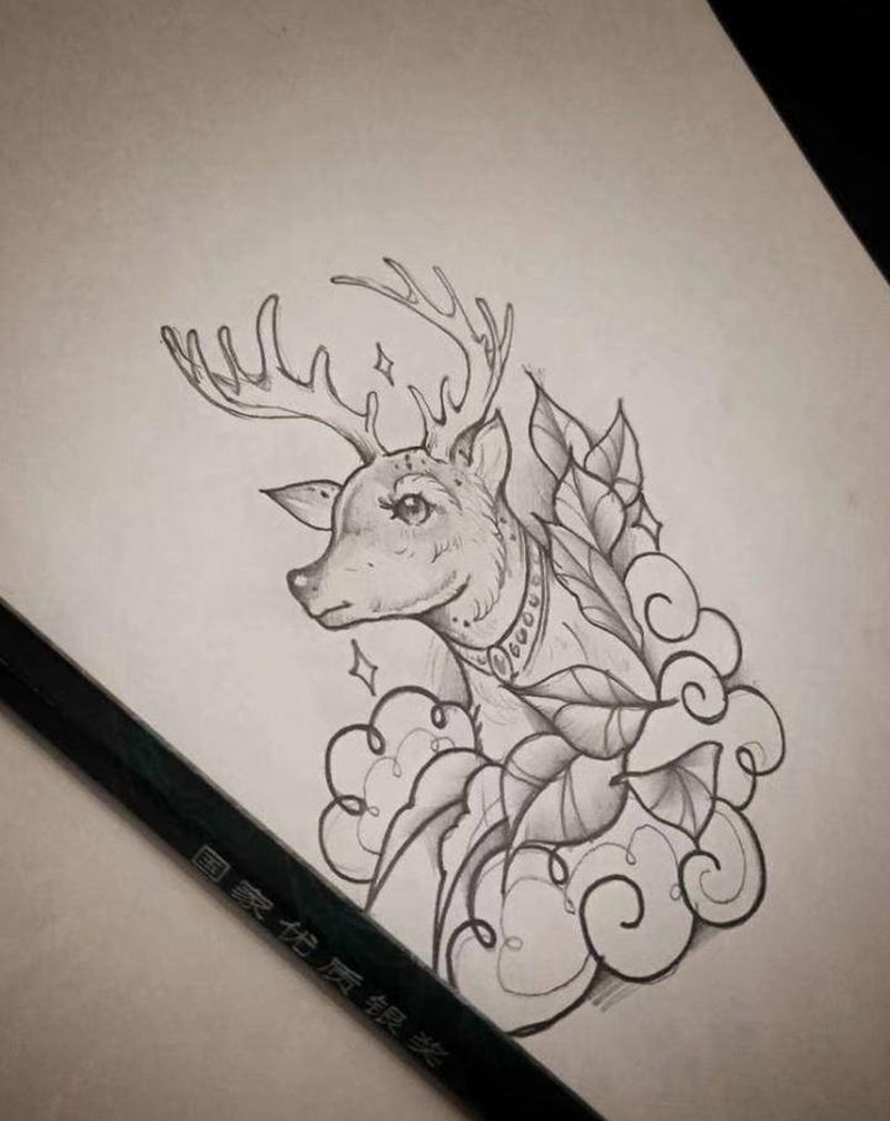 梅花鹿手稿纹身图片_手稿纹身图案