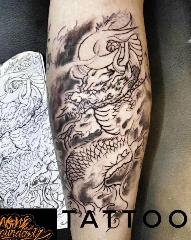 龙纹身图片_腿部New School纹身图案