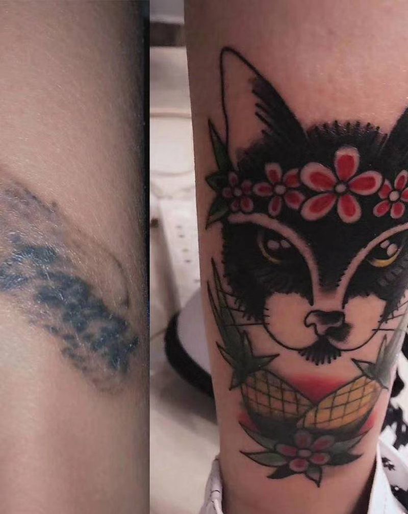 遮盖纹身图片_腿部New School纹身图案