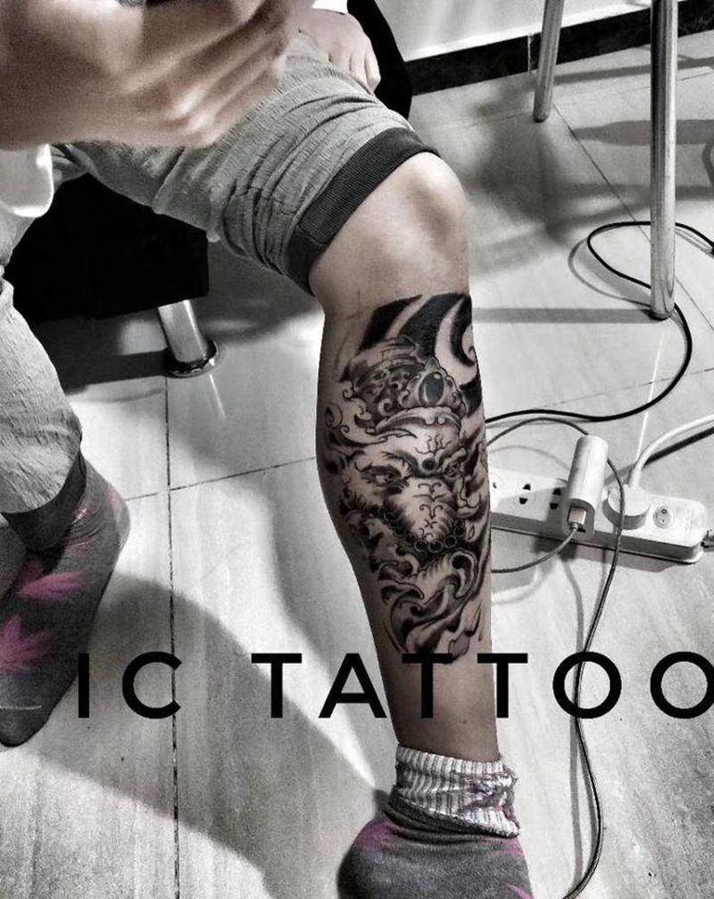 象神纹身图片_腿部新传统纹身图案