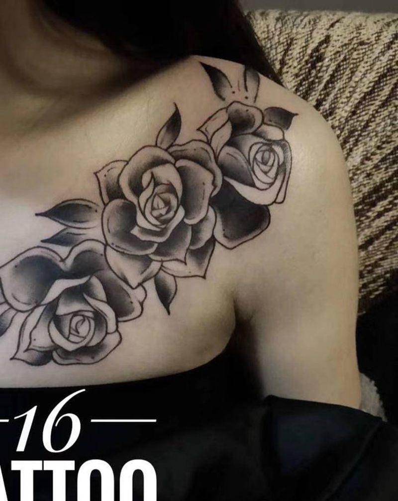 玫瑰花纹身图片_肩部New School纹身图案