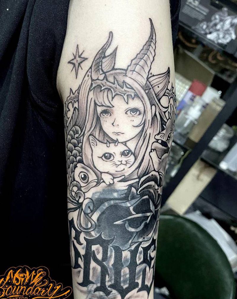 客人与两只猫纹身图片_手臂New School纹身图案