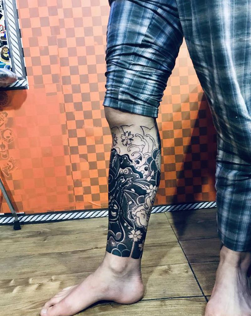日式包小腿遮盖纹身图片_腿部纹身图案