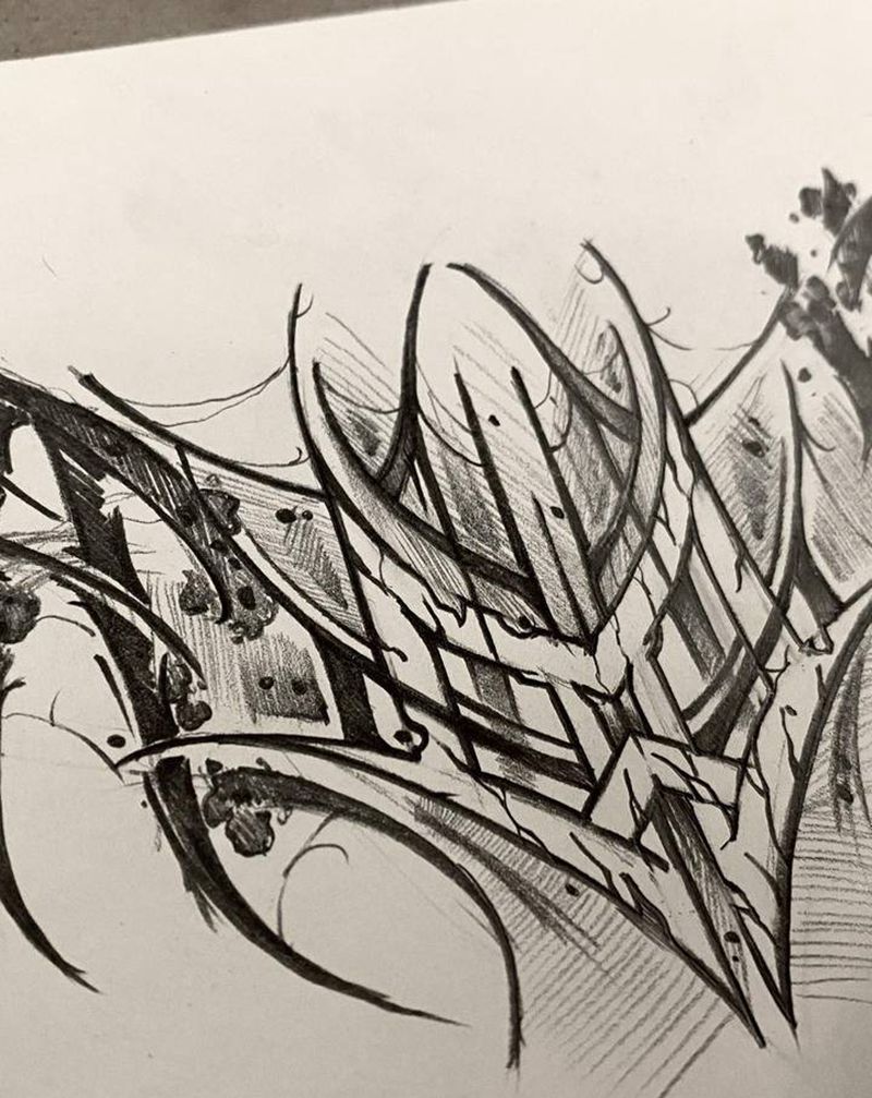 暗黑花体英文纹身图片_腹部New School纹身图案