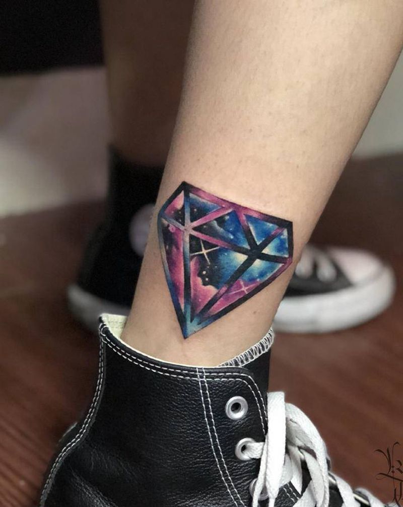 星空钻纹身图片_腿部脚部水彩几何钻石星空纹身图案
