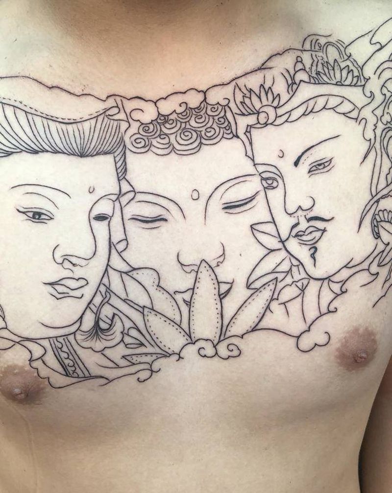 三面佛纹身图片_胸部纹身图案