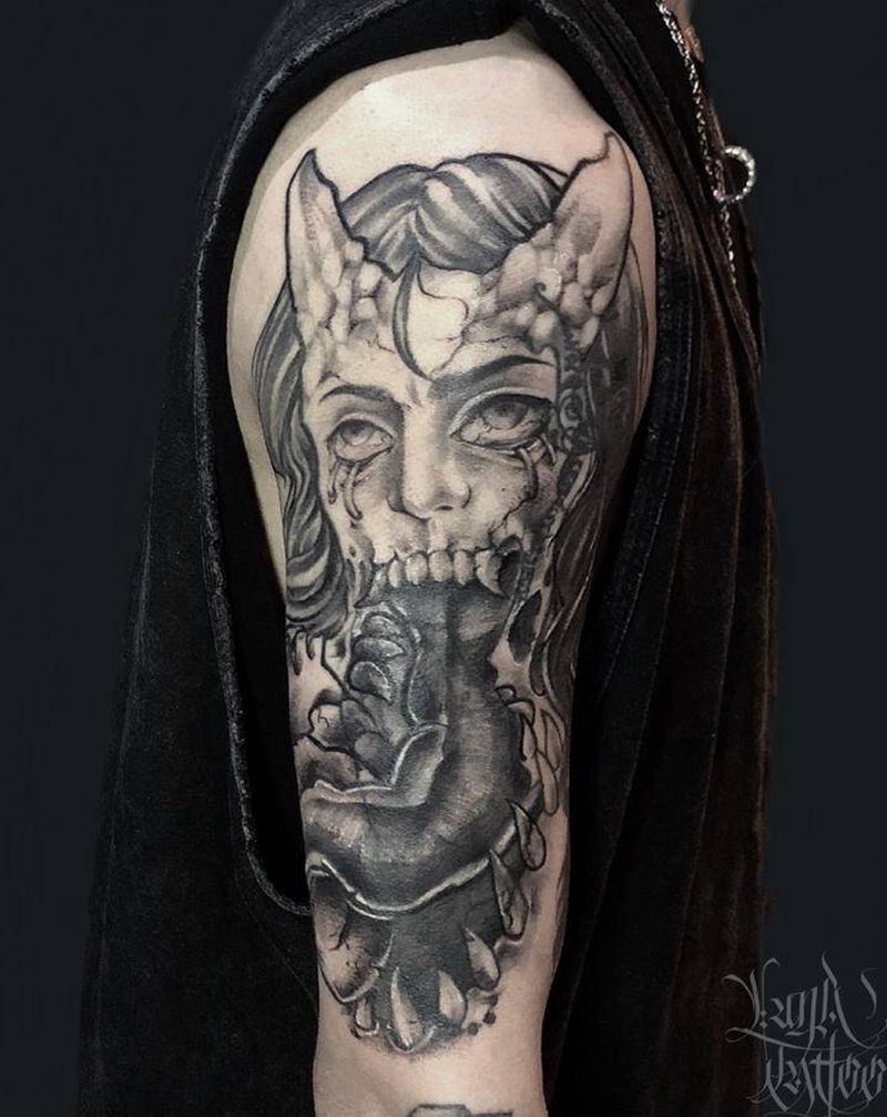 撕裂之女(遮盖)纹身图片_手臂New School暗黑遮盖纹身图案